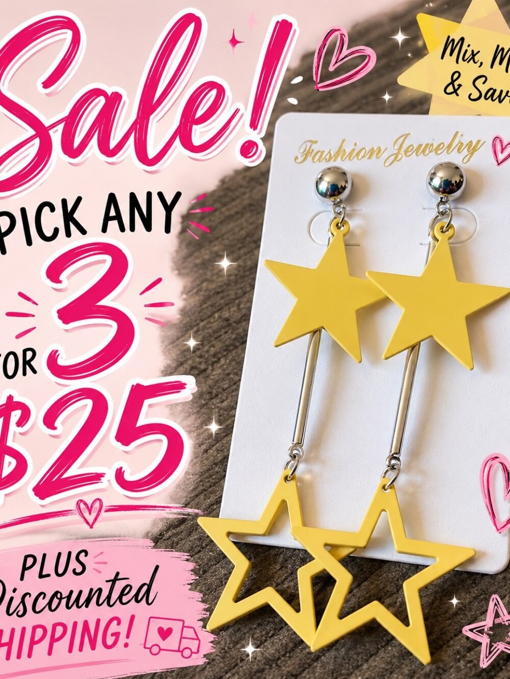 Yellow Double Star Dangle Earrings Gold Tone Celestial Drop Cute Statement Jewel